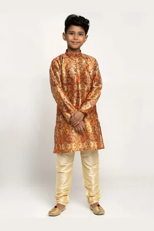 Kraft Boys Copper-Coloured Ethnic Motifs Printed Silk Kurta with Churidar