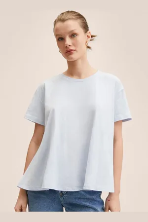 MANGO Women Blue Solid Drop-Shoulder Sleeves Pure Cotton T-shirt