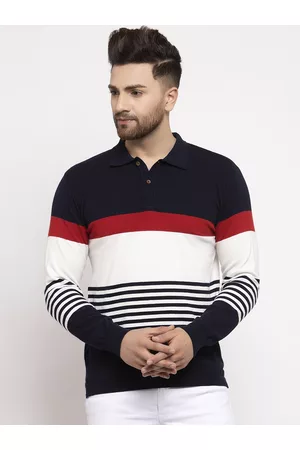 Kalt Men Navy Blue & White Striped Polo Collar T-shirt