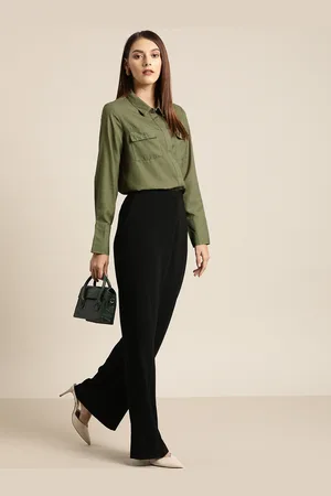 Invictus Women Olive Green & White Regular Fit Striped Casual Shirt