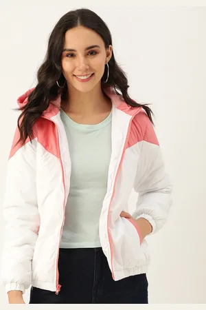 DressBerry Women White & Pink Colourblocked Hooded Bomber Jacket