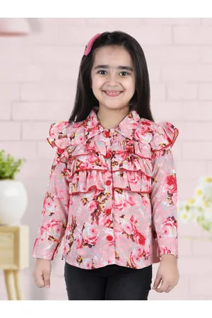 Cutiekins Girls Pink & Red Floral Print Ruffles Crepe Shirt Style Top