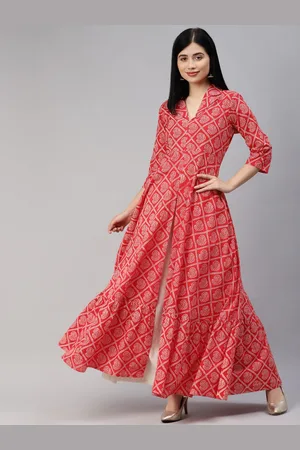 MBE Women Red & Golden Bandhani Printed Pure Cotton Anarkali Kurta