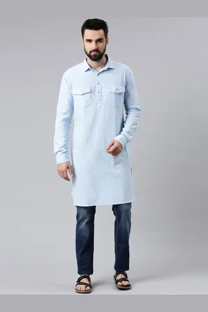 WHITE HEART Men Blue Pathani Pure Cotton Kurta