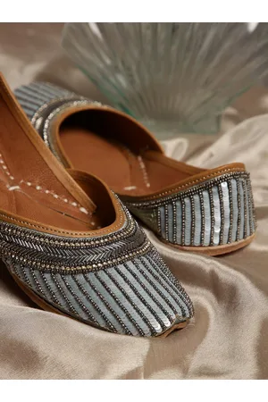 GLAM STORY Women Blue Striped Leather Party Flats