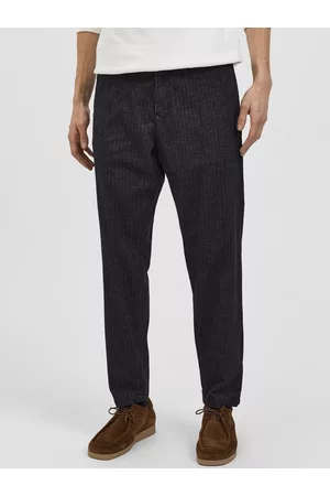 SELECTED Men Grey Striped Slim Fit Trousers