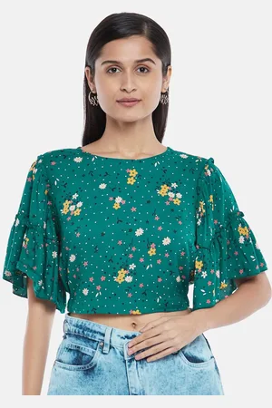 PEOPLE Green Ditsy Floral Print Flared Sleeves Liva Crop Top