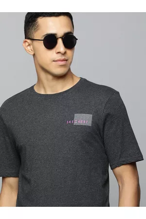 Skechers Men Charcoal Solid Pure Cotton T-shirt