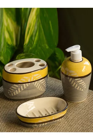 ExclusiveLane Set of 3 Grey & Yellow Printed Ceramic Bathroom Accessories Set