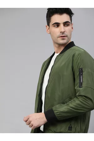 WROGN Men Olive Green Slim Fit Solid Bomber Jacket