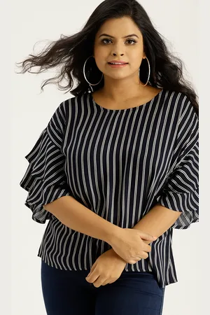 Sztori Plus Size Women Navy Blue Off-White Striped Top