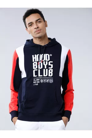 LocoMotive Men Navy Blue & Red Printed Hooded Sweatshirt