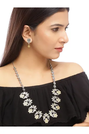 Silvermerc Designs Traditional Silver & Gold Tone Rose Ethnic Long Necklace With Earrings For Women & Girls