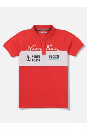 HELLCAT Boys Red & Off White Typography Printed Polo Collar T-shirt