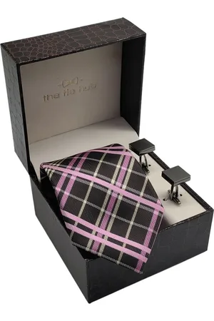 The Tie Hub Men Brown & Pink Checked Skinny Tie With Cufflinks