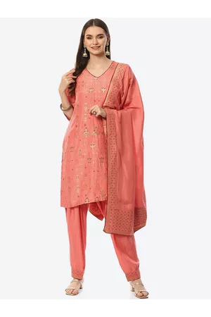 Biba Women Peach-Coloured Ethnic Motifs Embroidered Kurta with Salwar & With Dupatta