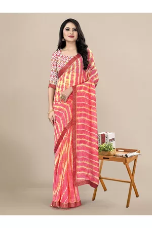 Kalini Peach-Coloured & Yellow Pure Georgette Leheriya Saree