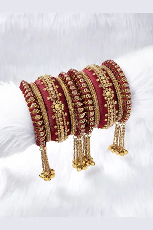 Peora Set of 10 Maroon Silk Thread Handcrafted Kundan Studded Chuda Bangles with Hangings