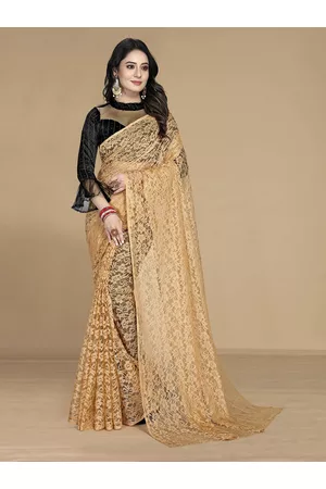 Kalini Women Beige Floral Net Saree With Unstitched Blouse