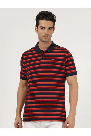 Lee Men Blue & Orange Striped Polo Collar Slim Fit T-shirt