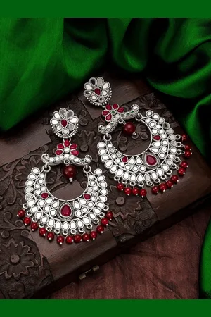 Aadita Silver-Toned & Red Classic Chandbalis Earrings