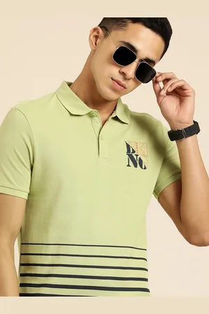 Being Human Men Green & Black Striped Polo Collar Pure Cotton T-shirt
