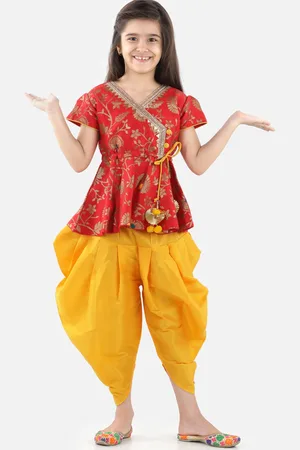 BownBee Girls Red Floral Printed Angrakha Top with Dhoti Pants