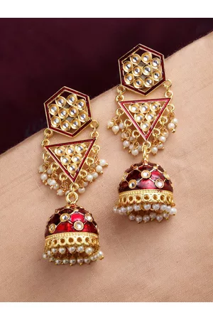 PANASH Women Gold Toned And Maroon Meenakari Dome Shaped Jhumkas Earrings