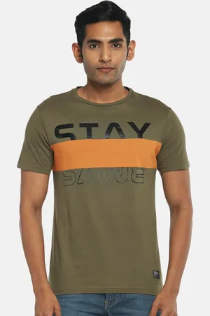 PEOPLE Men Olive Green Typography Colourblocked Slim Fit T-shirt