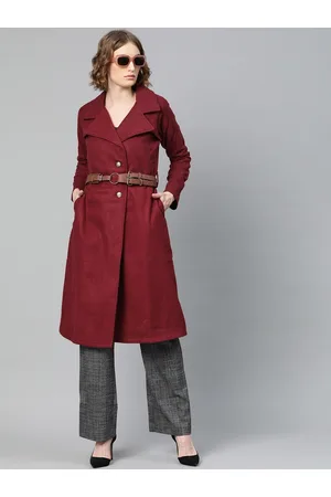 ATHENA Women Maroon Woollen Solid Overcoat