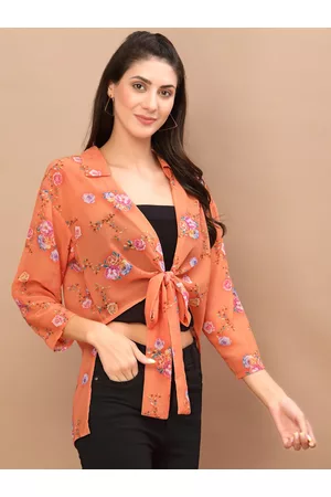 KASSUALLY Women Orange & Blue Printed High Low Knotted Shrug