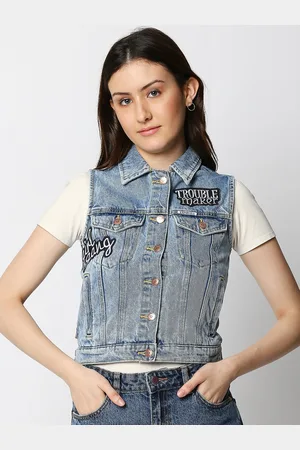 LOVEGEN Women Blue Washed Crop Denim Jacket with Embroidered