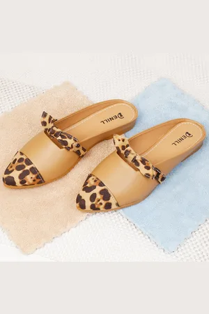 Denill Women Beige Animal Print Mules with Bows Flats