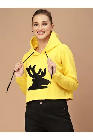 KASSUALLY Women Bright Yellow Conversational Cropped Sweatshirt