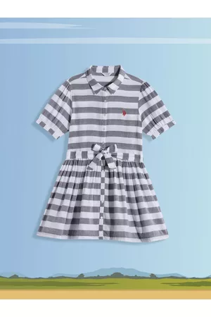 Ralph Lauren Girls White & Grey Striped Pure Cotton A-Line Shirt Dress