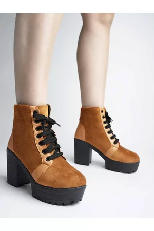 Shoetopia Girls Tan Suede Block Heeled Boots with Tassels