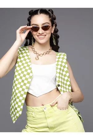 Sassafras Women Green & Off-White Checkered Waistcoat