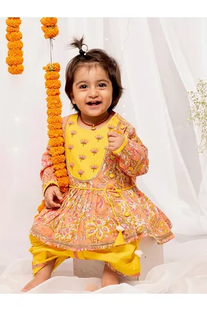 Tiber Taber Girls Peach & Yellow Printed Pure Cotton Kurta with Dhoti Pants