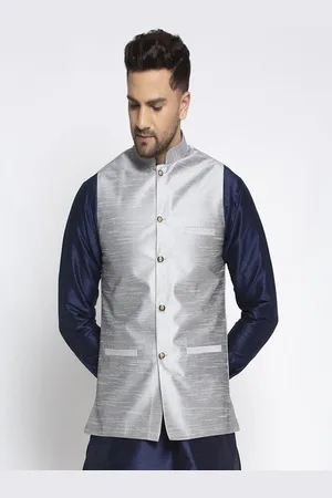 Kaifoo Men Silver-Colored Solid Woven Nehru Jacket