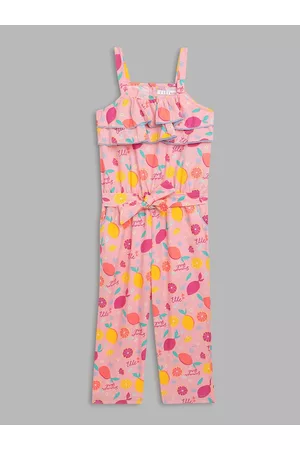 Elle Girls Cotton Pink & Orange Printed Ruffled Basic Jumpsuit