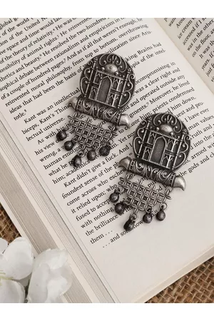 Veni Women Silver-Toned Oxidized Contemporary Drop Earrings