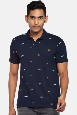 PEOPLE Men Navy Blue Printed Polo Collar Slim Fit T-shirt