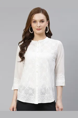 akheri Women White Ethnic Motifs Chikankari Embroidered Casual Shirt