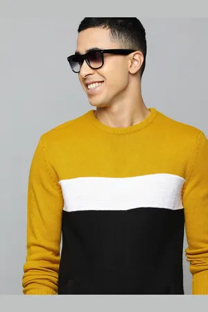Flying Machine Men Mustard & Black Colourblocked Pullover