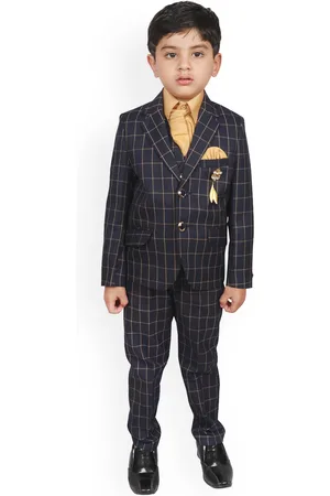 SG Boys Navy Blue & Brown Checked Suit Set