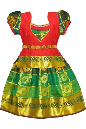 Amirtha Fashion Girls Red & Green Thread Work Ready to Wear Lehenga