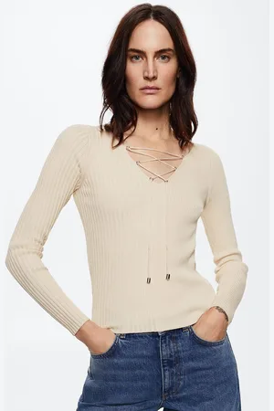 MANGO Women Beige Ribbed Pullover