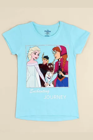Kidsville Girls Blue Cartoon Frozen Printed Pure Cotton T Shirt