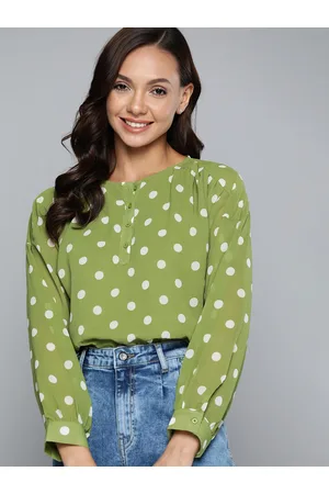 Mast & Harbour Women Green & Off White Polka Dot Print Shirt Style Top