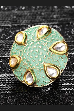 Priyaasi Gold-Plated White & Green Kundan-Studded Adjustable Meenakari Finger Ring